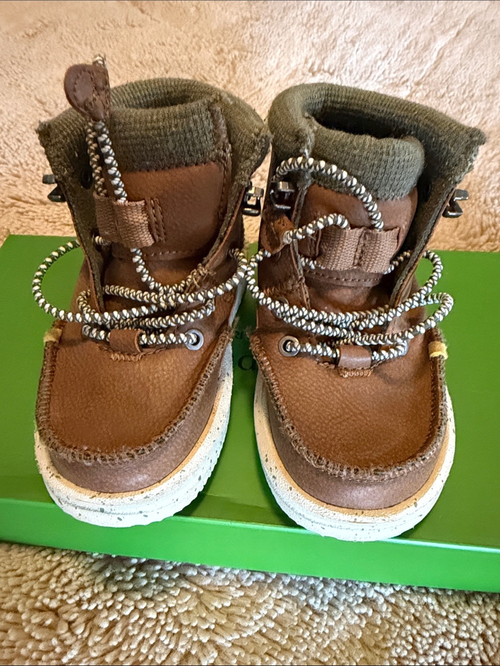 Hey Dude Brown Toddler Boots with Olive Knit Collar and Speckled White Sole - Picture 2 of 3